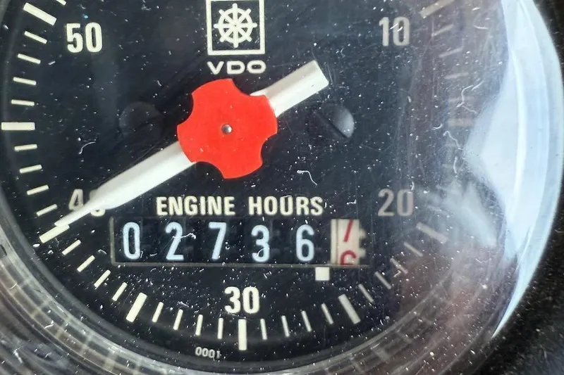 Slide: The Image of Close-up of VDO engine hour meter showing 2736.6 hours on Nauset Flybridge Cruiser. - 64