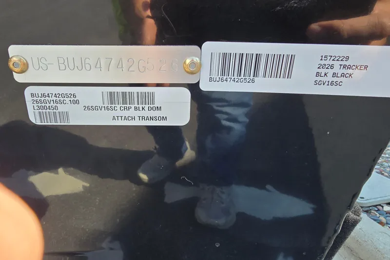 Slide: The Image of 2026 Tracker Super Guide V-16 SC boat identification tags and barcodes. - 6