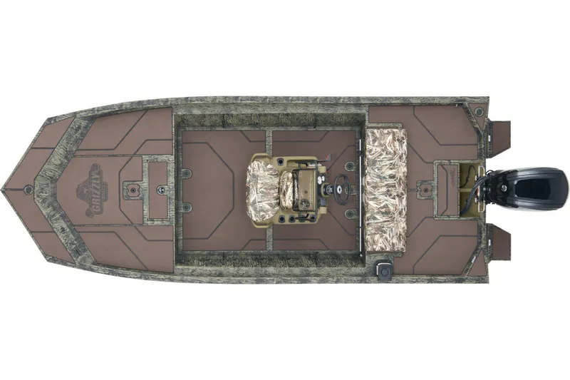 Slide: The Image of 2026 Tracker Grizzly 1860 CC boat interior with camouflage seating and storage compartments. - 9