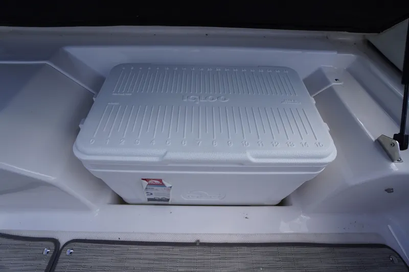 Slide: The Image of White Igloo cooler on 2019 Regal 1900 ES Bowrider boat deck. - 13