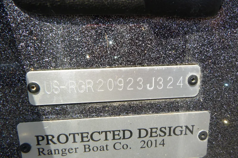 Slide: The Image of 2024 Ranger 621FS Pro boat identification plate with serial number and design protection details. - 15