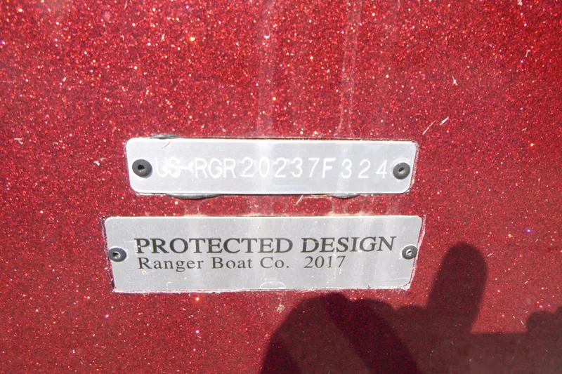 Slide: The Image of 2024 Ranger 2080MS boat with protected design plaque, red glitter finish. - 16