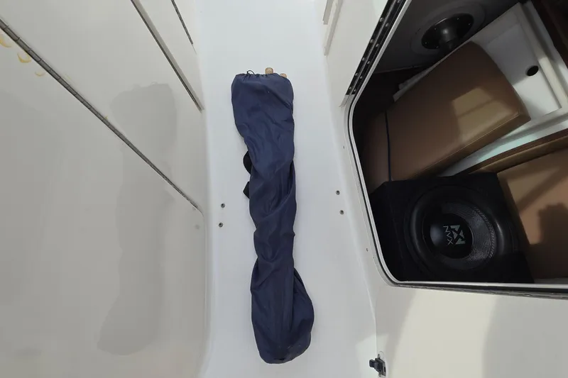 Slide: The Image of 2001 Chaparral Sunesta 233 interior with speaker and blue cover. - 57