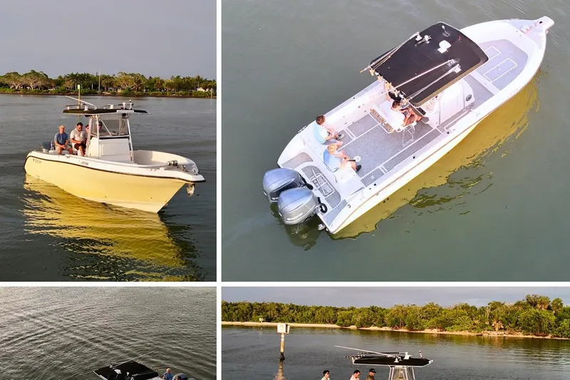 Slide: The Image of 2004 Century 2900 Center Console boat on calm water near waterfront homes. - 2