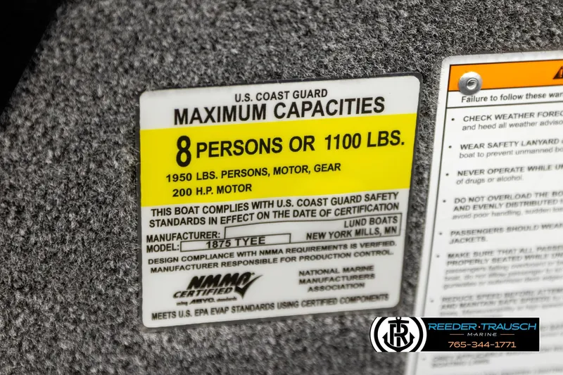 Slide: The Image of US Coast Guard capacity label for 2026 Lund 1875 Tyee boat, 8 persons or 1100 lbs. - 66