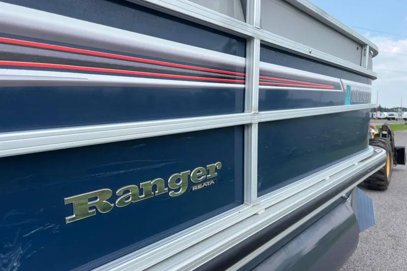Slide: The Image of 2019 Ranger Reata 200C boat side view with logo and sleek design. - 37