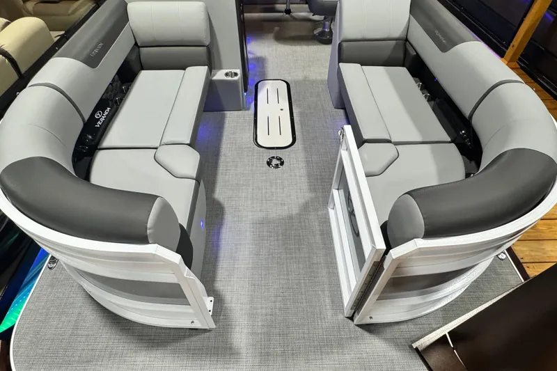 Slide: The Image of 2026 Veranda Relax VR235VL pontoon boat interior with gray seating and modern design. - 3