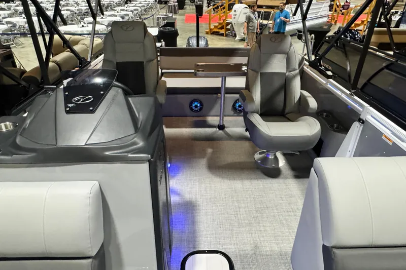 Slide: The Image of 2026 Veranda Relax VR235VL pontoon boat interior with modern seating and sleek design. - 4