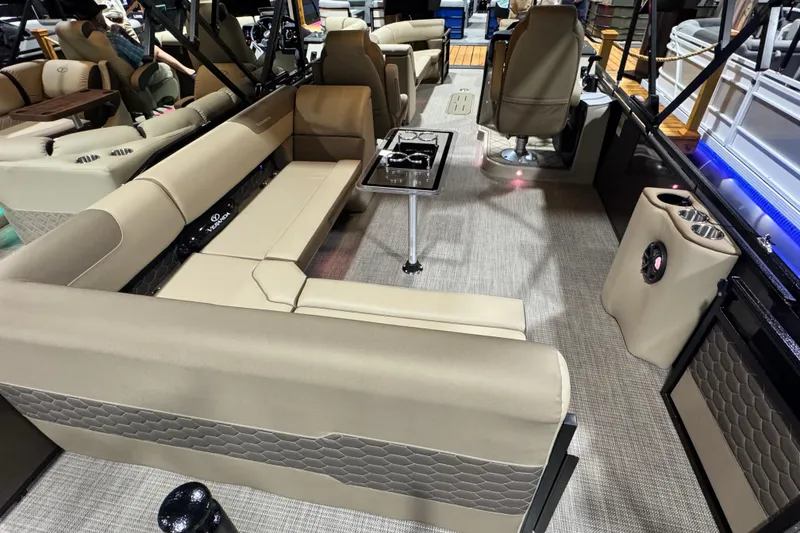 Slide: The Image of Luxurious interior of 2026 Veranda Relax VR265L pontoon boat with plush seating and modern amenities. - 12