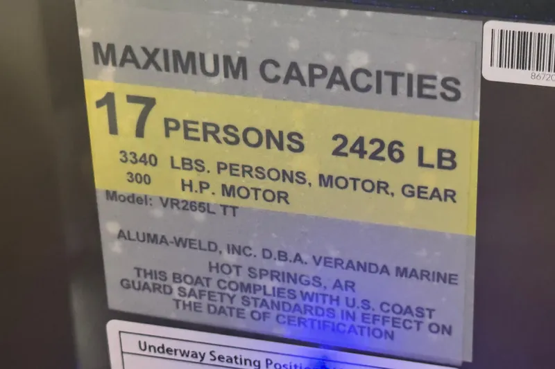 Slide: The Image of Veranda Relax VR265L 2026 capacity label: 17 persons, 2426 lbs, 3340 lbs total, 300 HP motor. - 9