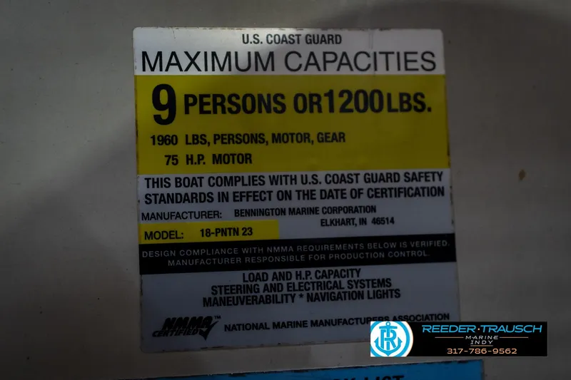 Slide: The Image of 2004 Bennington 185L capacity label: 9 persons, 1200 lbs, 75 HP motor compliance. - 45