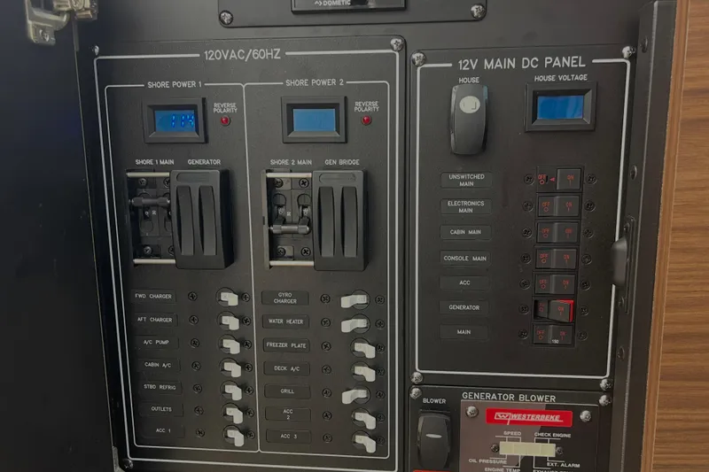 Slide: The Image of Electrical control panel on a 2020 Boston Whaler 350 Realm boat. - 29