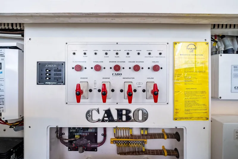Slide: The Image of Electrical control panel of 2004 Cabo 40 Hardtop Express boat with switches and instructions. - 39
