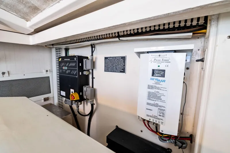 Slide: The Image of Electrical panel and charger inside a 2004 Cabo 40 Hardtop Express boat. - 41