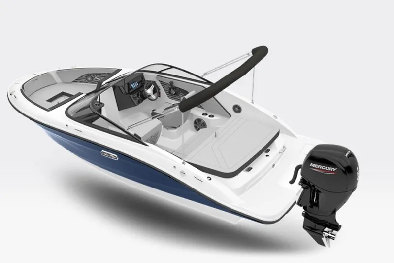 Slide: The Image of 2025 Sea Ray SPX 190 Outboard boat with Mercury engine, blue and white design. - 2
