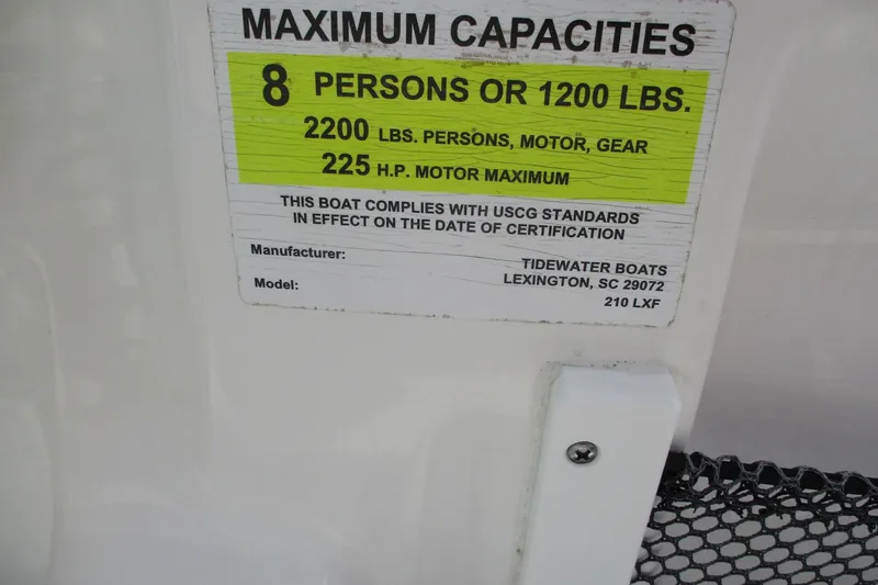 Slide: The Image of 2023 Tidewater 210 LXF capacity label: 8 persons, 2200 lbs, 225 HP motor max. - 29