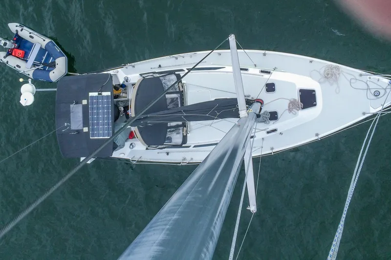 Slide: The Image of Aerial view of 1998 Catalina 36 MkII sailboat with solar panel and dinghy. - 2