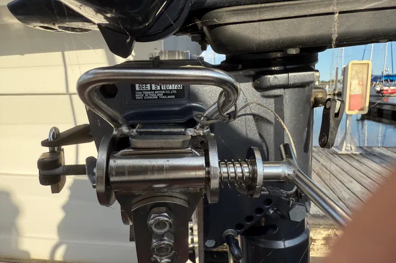 Slide: The Image of Close-up of a 2024 Ranger Tugs R31CB boat engine component at a marina. - 10