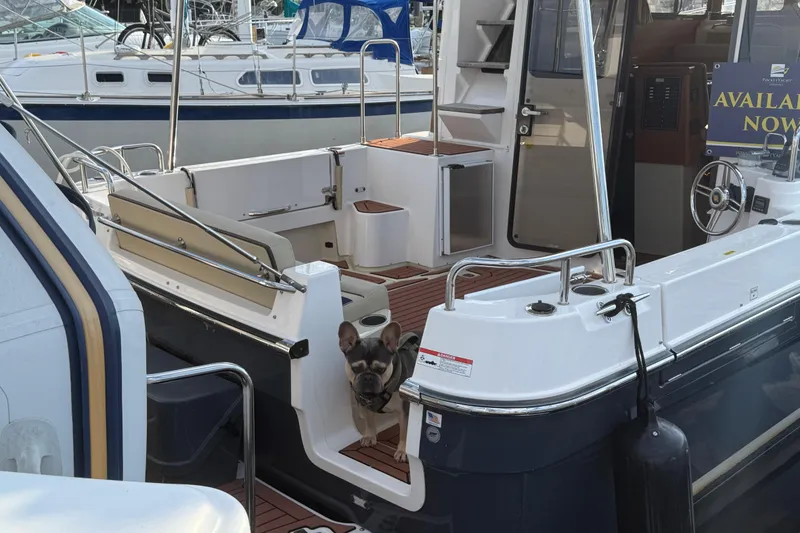 Slide: The Image of 2024 Ranger Tugs R31CB boat with a dog on deck, docked at a marina. - 9