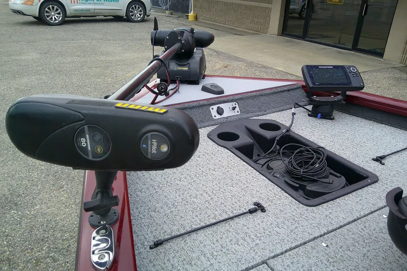 Slide: The Image of 2021 Tracker Pro Team 175 TXW Tournament Edition boat deck with trolling motor and electronics. - 10