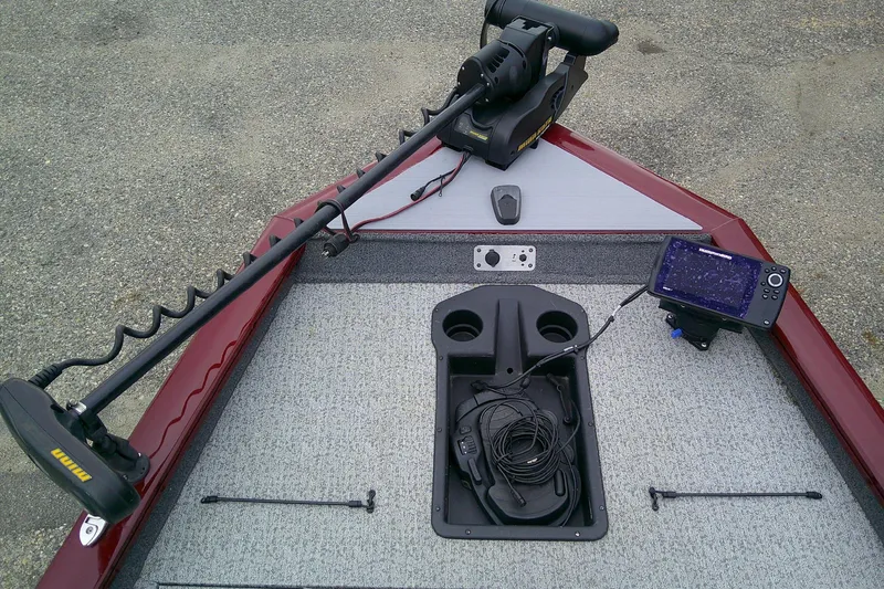 Slide: The Image of 2021 Tracker Pro Team 175 TXW Tournament Edition boat deck with trolling motor and fish finder. - 11