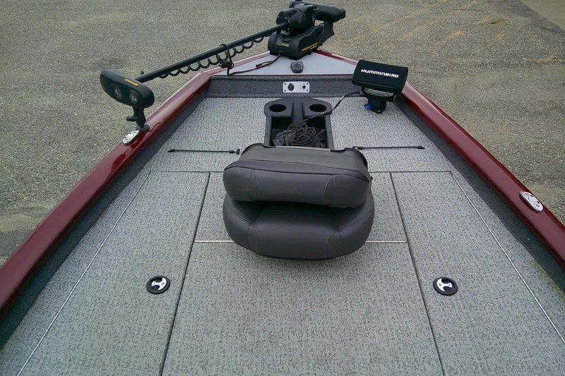Slide: The Image of 2021 Tracker Pro Team 175 TXW Tournament Edition boat deck with fishing equipment. - 9