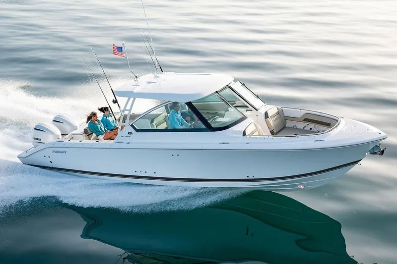 Slide: The Image of 2019 Pursuit DC 325 Dual Console boat cruising on calm water. - 93