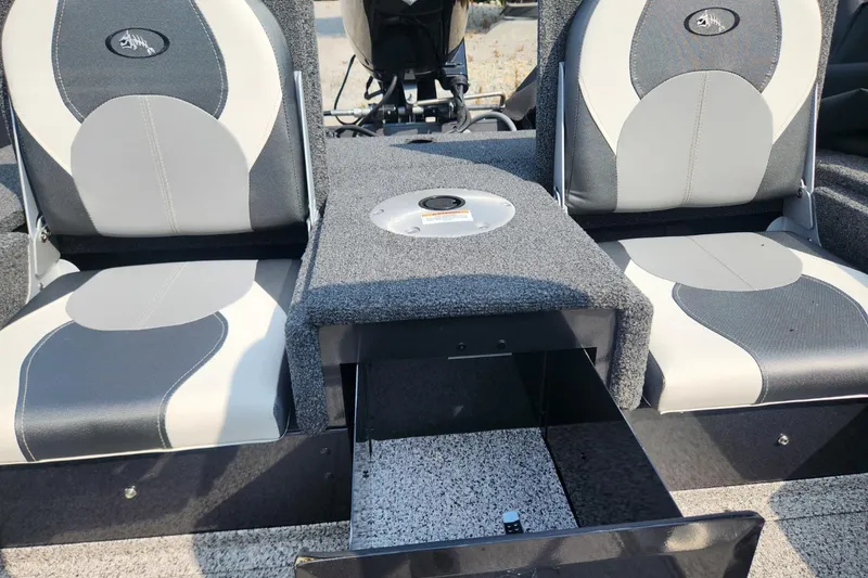 Slide: The Image of 2024 Polar Kraft Frontier 165 SCJ boat interior with storage compartment and seating. - 38