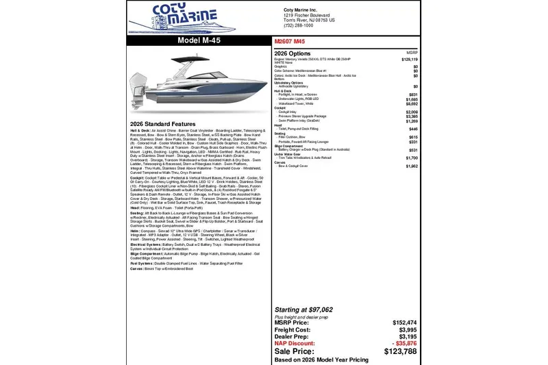 Slide: The Image of Monterey M-45 boat brochure with features, options, and pricing for 2026 model year. - 10