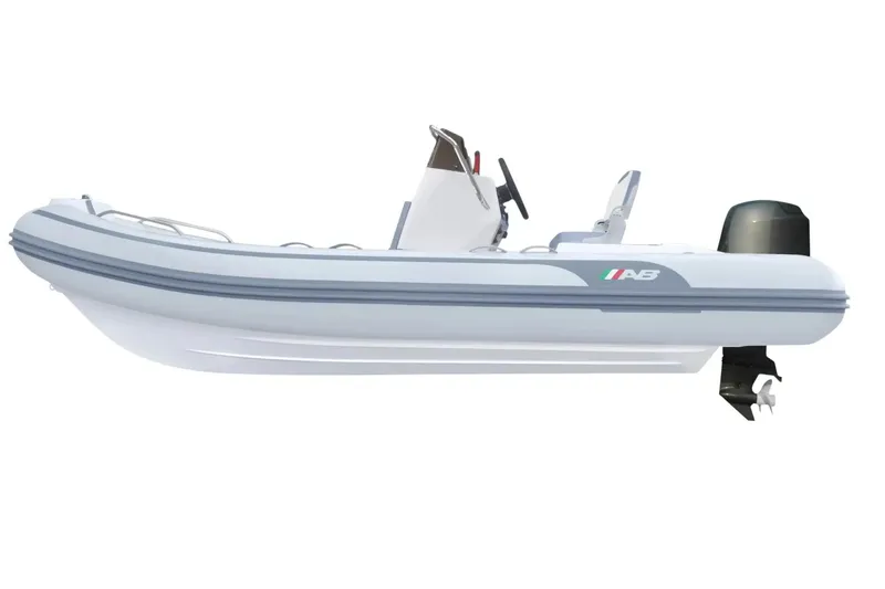 Slide: The Image of 2026 AB Inflatables Oceanus 15 VST boat, side view, white and gray design. - 7