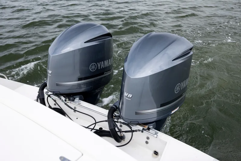 Slide: The Image of Twin Yamaha V8 outboard engines on a 2017 Stamas 370 Aegean boat. - 10