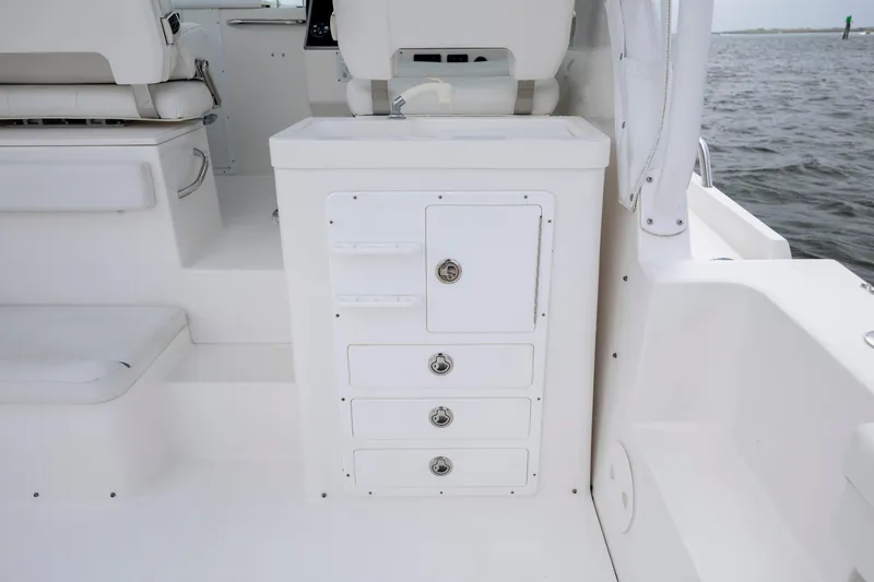 Slide: The Image of 2017 Stamas 370 Aegean boat interior with storage drawers and seating. - 16