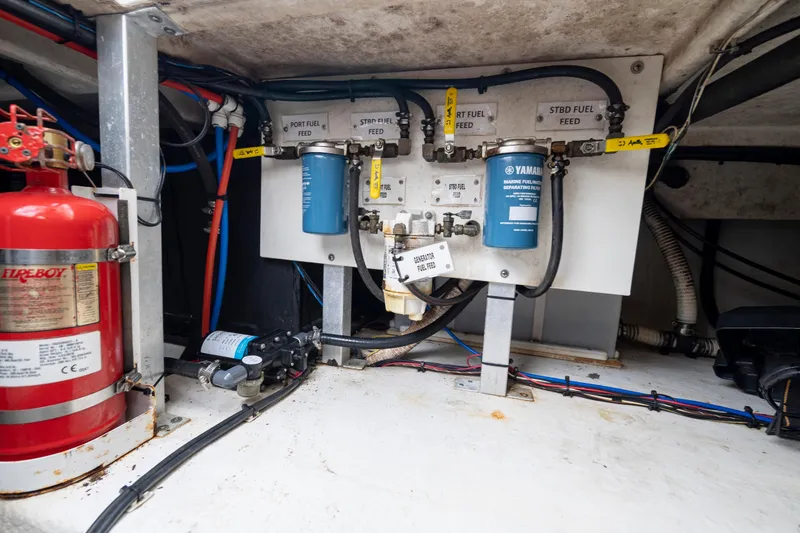 Slide: The Image of Engine compartment of 2017 Stamas 370 Aegean with fuel filters and fire extinguisher. - 44