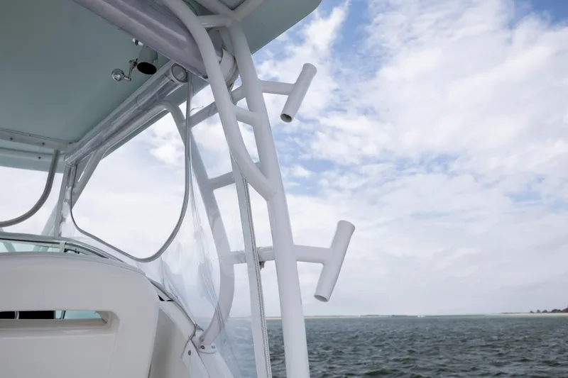 Slide: The Image of 2017 Stamas 370 Aegean boat detail with ocean and sky background. - 48