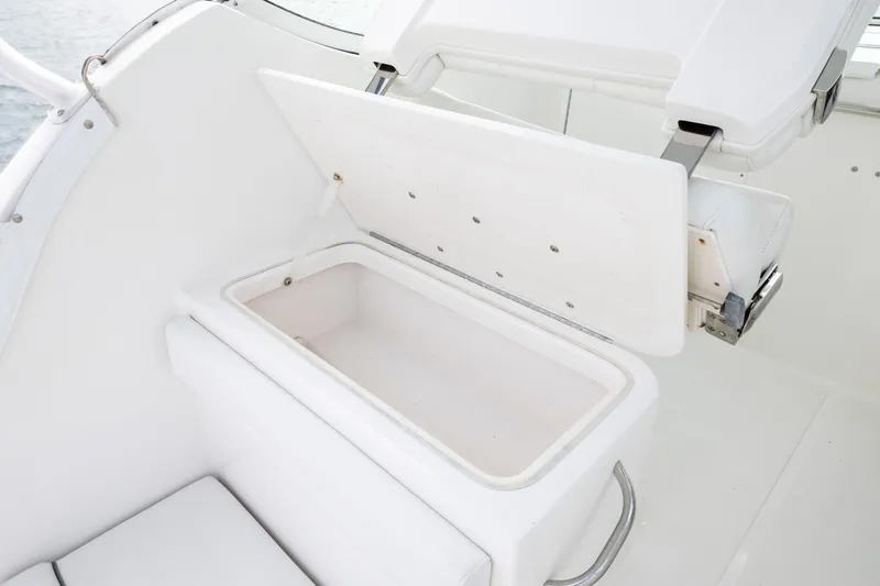 Slide: The Image of Open storage compartment on 2017 Stamas 370 Aegean boat, featuring white interior design. - 53