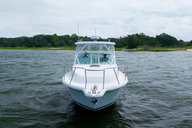Slide: The Image of 2017 Stamas 370 Aegean boat on water, front view with lush shoreline background. - 7