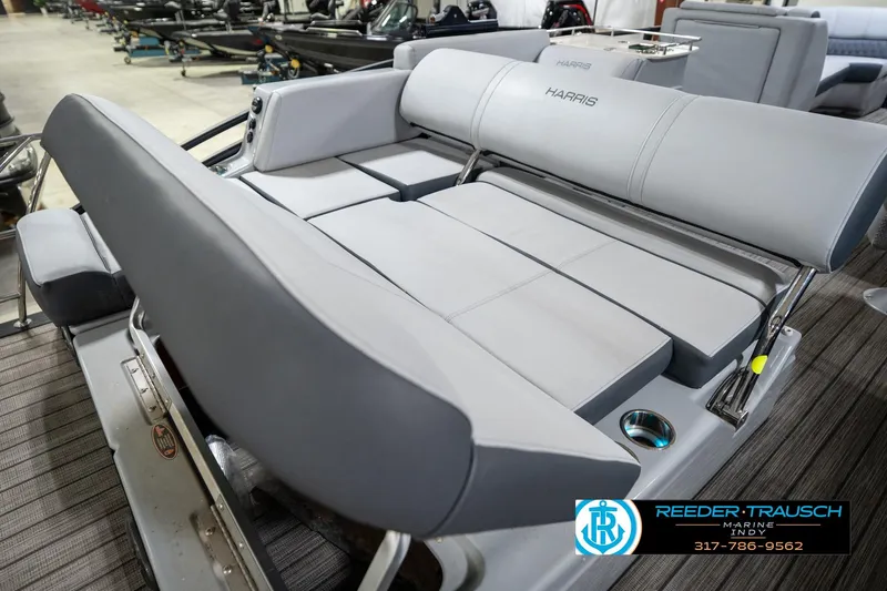 Slide: The Image of 2020 Harris Solstice boat interior with plush seating, showcased at Reeder-Trausch Marine. - 24