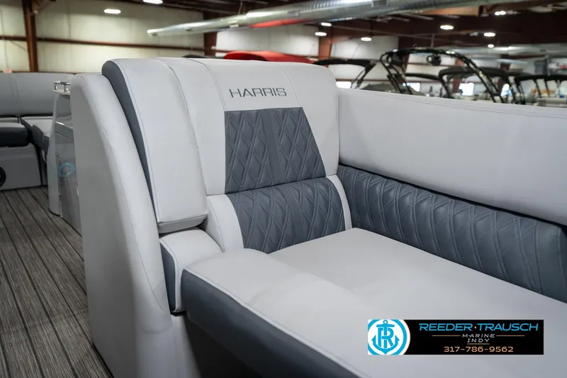 Slide: The Image of Close-up of 2020 Harris Solstice boat seat with logo embroidery. - 42