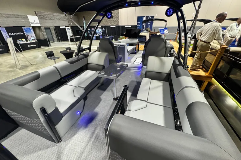 Slide: The Image of Luxurious interior of 2026 Veranda Relax VR235RC pontoon boat with modern seating and ambient lighting. - 14