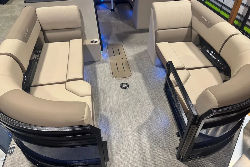 Slide: The Image of 2026 Veranda Relax VR235F2 pontoon boat interior with beige seating and modern design. - 3