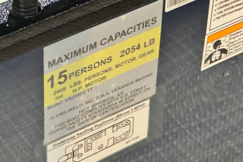 Slide: The Image of 2026 Veranda Relax VR235F2 capacity label: 15 persons, 2054 lbs, 300 HP motor. - 7