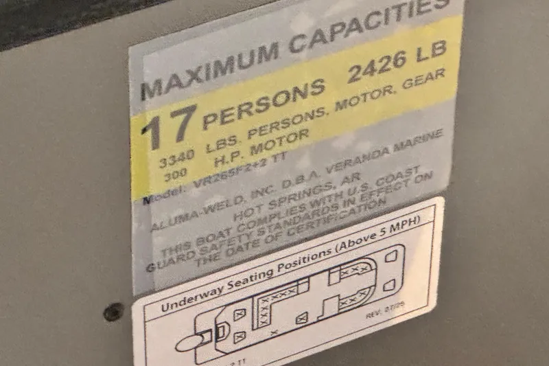 Slide: The Image of 2026 Veranda Relax VR265F2+2 capacity label, 17 persons, 2426 lbs, 300 HP motor. - 11