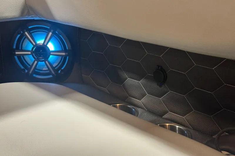 Slide: The Image of 2026 Veranda Relax VR265F2+2 interior with illuminated speaker and hexagonal pattern design. - 13