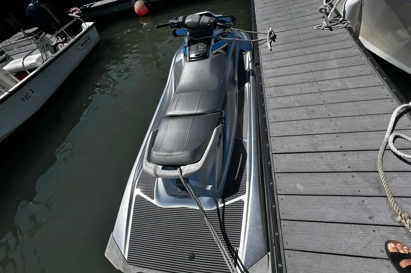 Slide: The Image of 2015 Yamaha WaveRunner VX Deluxe docked beside a wooden pier. - 5
