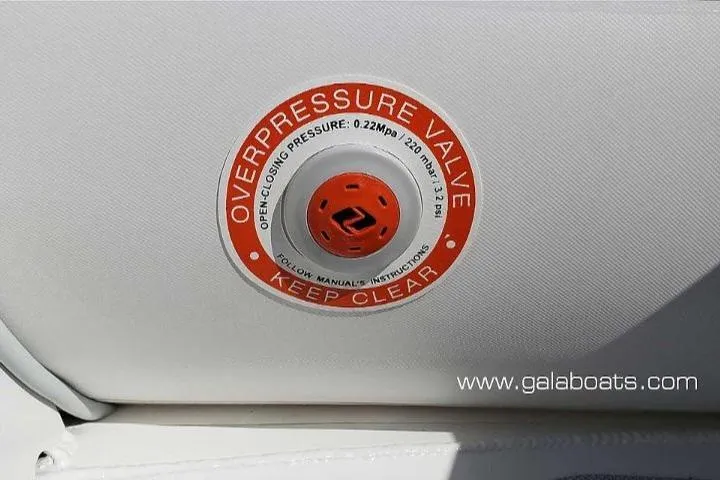 Slide: The Image of Overpressure valve on Gala A360D boat, 2025 model, with safety instructions. - 7