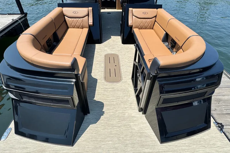 Slide: The Image of Luxurious seating on 2026 Veranda Vertex VX285DCRC pontoon boat, featuring tan upholstery and sleek design. - 4