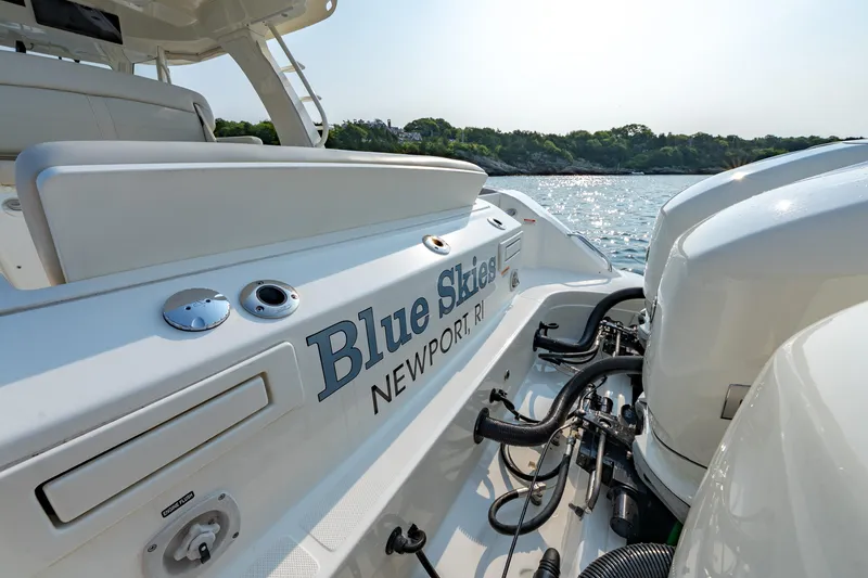 Slide: The Image of 2019 Boston Whaler 350 EX REALM boat, "Blue Skies," docked in Newport, RI. - 26