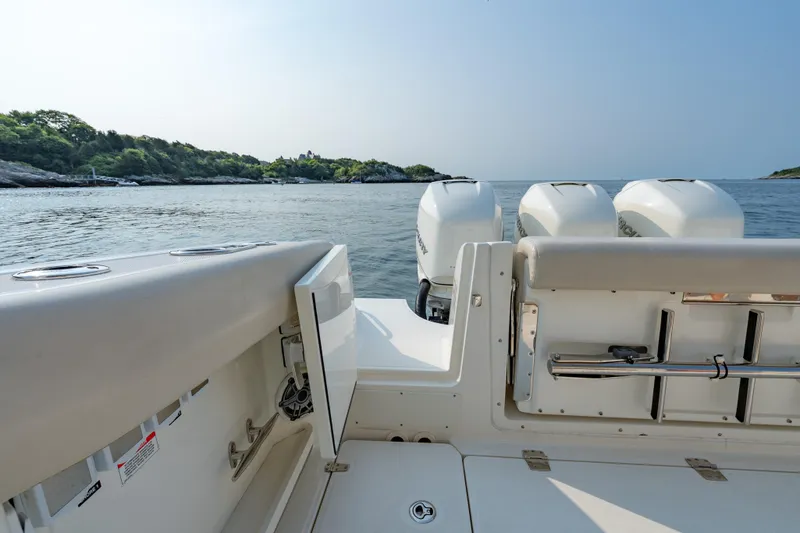 Slide: The Image of 2019 Boston Whaler 350 EX REALM boat with triple engines on calm water. - 27
