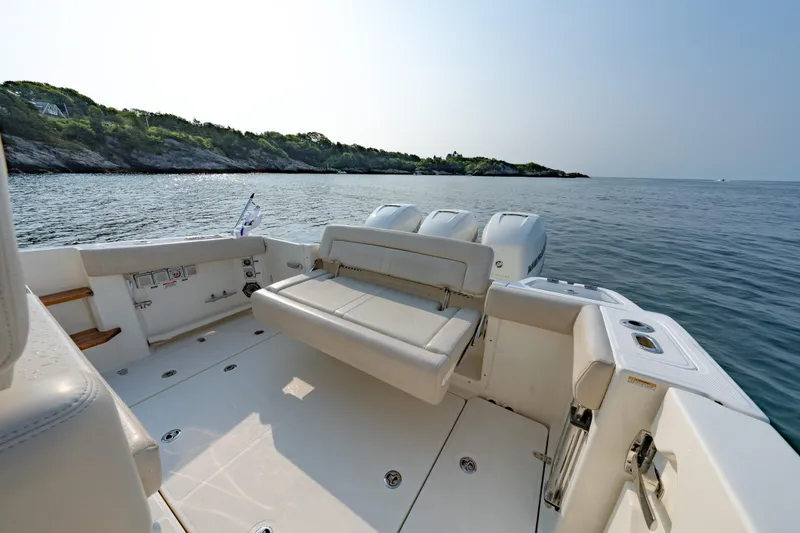 Slide: The Image of 2019 Boston Whaler 350 EX REALM boat with spacious deck and scenic ocean view. - 31