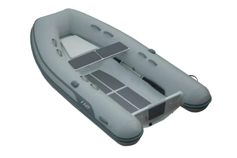 Slide: The Image of 2026 AB Inflatables Lammina 10 AL inflatable boat, top view, gray and white design. - 2
